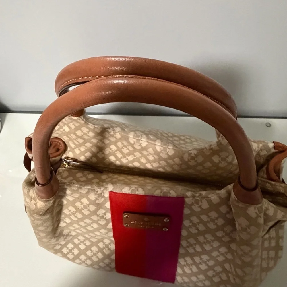 kate spade Beige Canvas Shoulder Bag with Red and Pink Stripe